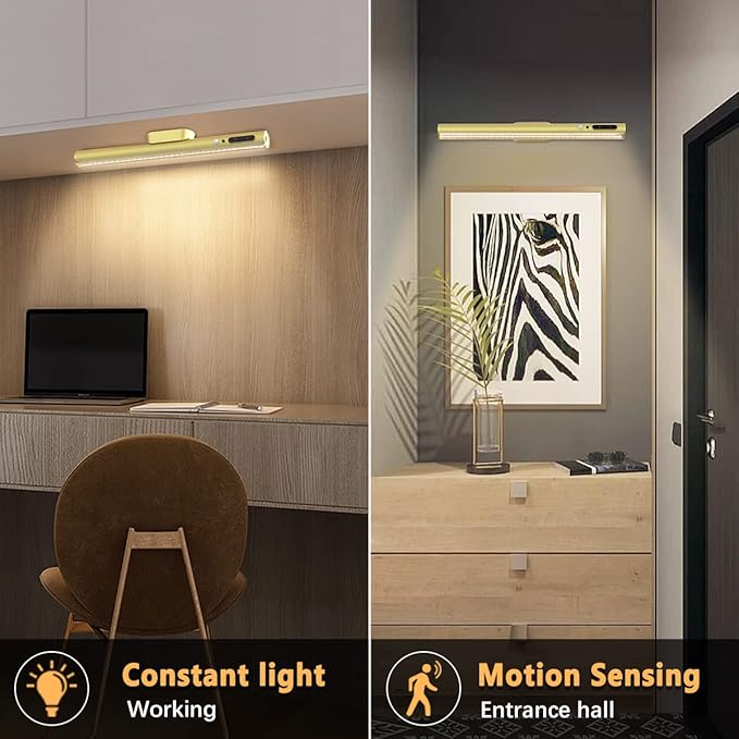 Hapfish Motion Sensor LED Light Bar Indoor, Rechargeable Under Cabinet Lighting Wireless, Magnetic Battery Powered Operated Wall Strip Lights with Remote Control for Picture Mirror Closet Room āGold