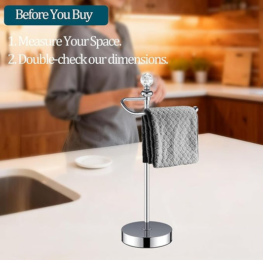 Bath Hand Towel Holder Standing, Stainless Steel Stable Free-Standing Towel Bar for Bathroom Kitchen Countertop, Rustic Towel Ring Stand with Crystal Ball 15.7” H (Polished Chrome, 2 Pack)