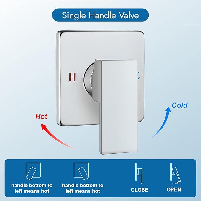 8" Square Rainfall Shower Faucet Set with Tub Spout, Chrome | Wall Mounted, Single Handle, Rough-in Valve, 1/2" NPT, Air Pressure Boost