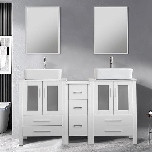 UEV 60" Double Sink Bathroom Vanity,White Bathroom Vanity with Double Side Vanity Cabinets & Removable 3 Drawer Storage Cabinet,Bathroom Vanity with Tempered Vessel Sink,Mirror Not Included(T03)