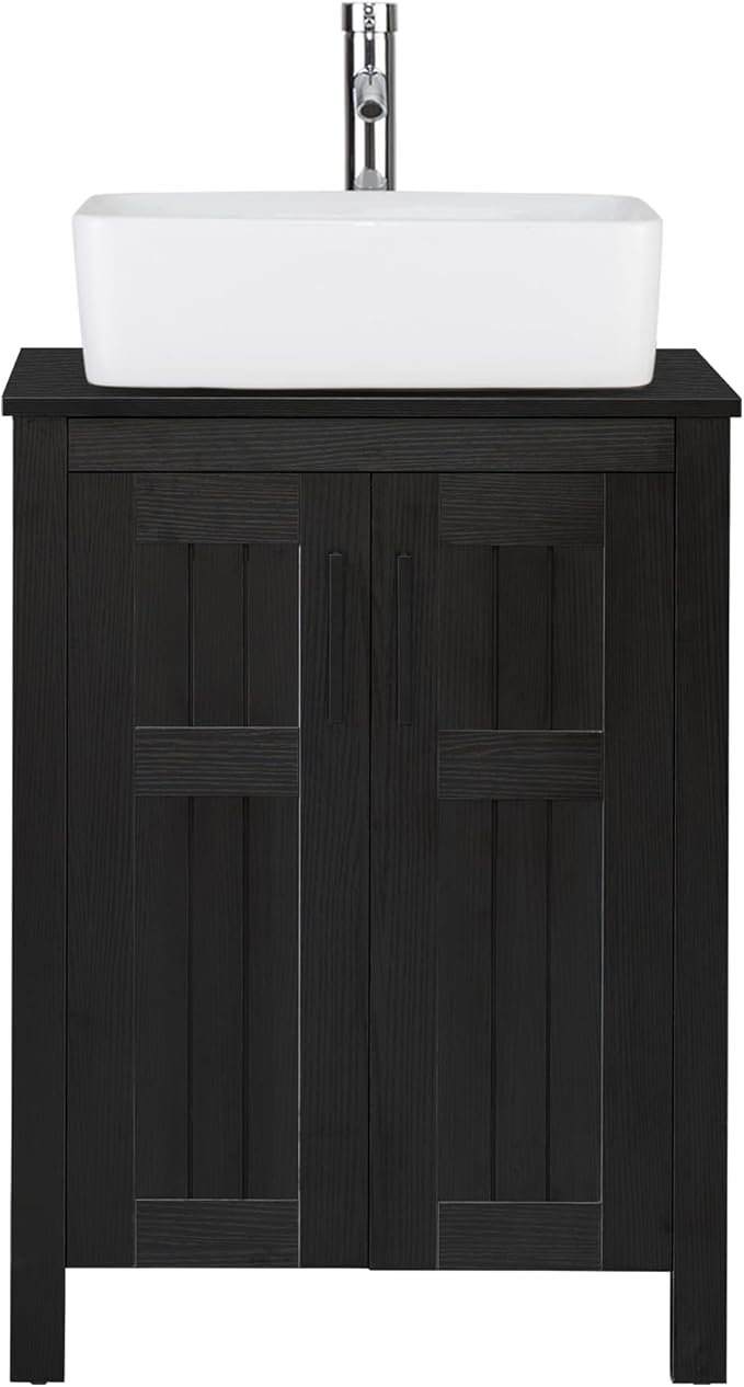 UEV Black 24" Bathroom Vanity with Sink Combo,Modern Vanity with Vessel Sink,Stylish Bathroom Vanity Cabinet,Grooved Doors & Metal Handles,Modern Rectangle Ceramic Vessel Sink(T03)
