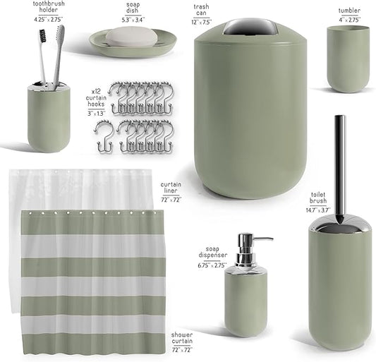 Clara Clark Bathroom Set - Sage Green Bathroom Accessories Set, 20PC Bathroom Accessory Set, Shower Curtain Set with Liner, Toothbrush Holder, Soap Dispenser, Soap Dish, and Toilet Brush Holder