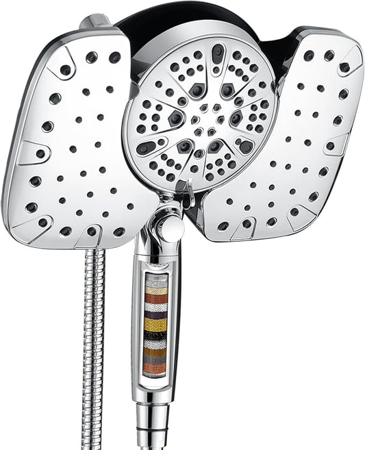 Rain Shower Head with Filtered Handheld Spray Combo Chrome 1.8 GPM | 10” Rainfall Showerhead with 9-Spray Detachable Handheld, High Pressure, ON/OFF Switch, 15-Stage Filter, Jet for Cleaning