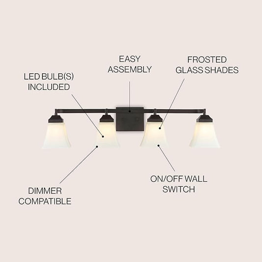 JONATHAN Y 33" Oil Rubbed Bronze Modern Cottage LED Vanity Light Wall Sconce, Farmhouse Wall Lamp for Bathroom Mirror Kitchen, White Glass Shade, LED Bulb Included (JYL7525A)