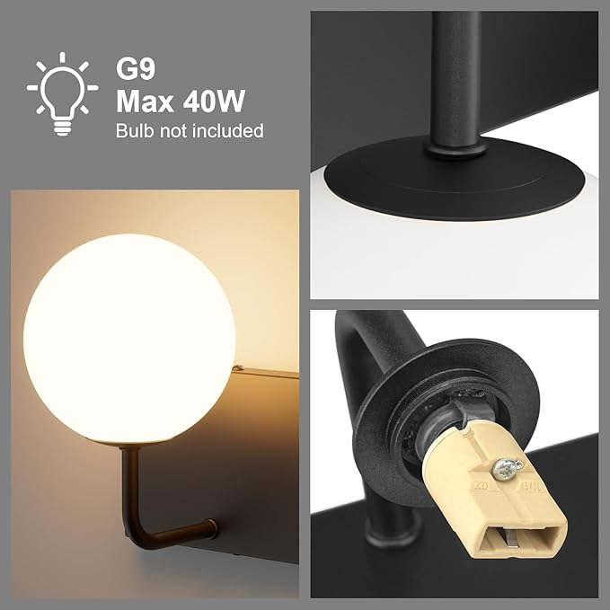 Tipace Black Vanity Light Fixtures, 2-Light Modern Bathroom Light Over Mirror with White Milk White Globe Glass for Bathroom (Exclude Bulb)