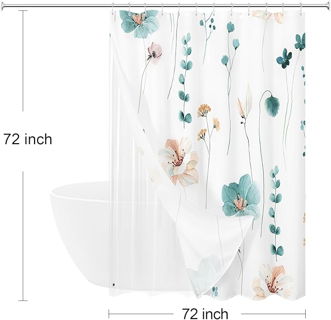 3 in 1 Shower Curtain Set, Teal Watercolor Floral Bath Curtain and PEVA Liner Set with 12 Double Sided Steel Hooks, Waterproof Fabric Bathroom Curtain 72x72