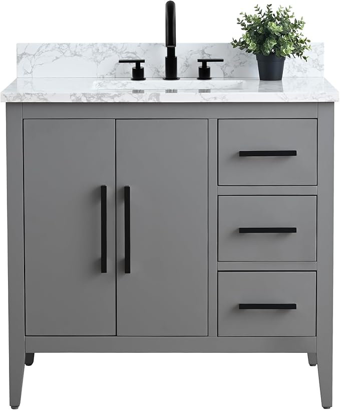 Vanity Art 36 inch Bathroom Vanity with Single Sink & Ceramic Top, Vanity Cabinet with Soft-Closing Doors, Drawers, Solid Wood Frame, Cashmere Gray, VA9036-G-MB1