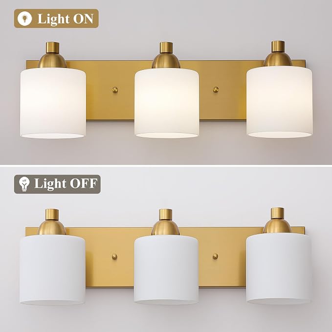 Mecgirn Stainless Steel Milk Glass Vanity Lights for Bathroom, 3 Light Gold Bathroom Light Fixtures Over Mirror, Ceramic E26 Sockets Wall Mounted