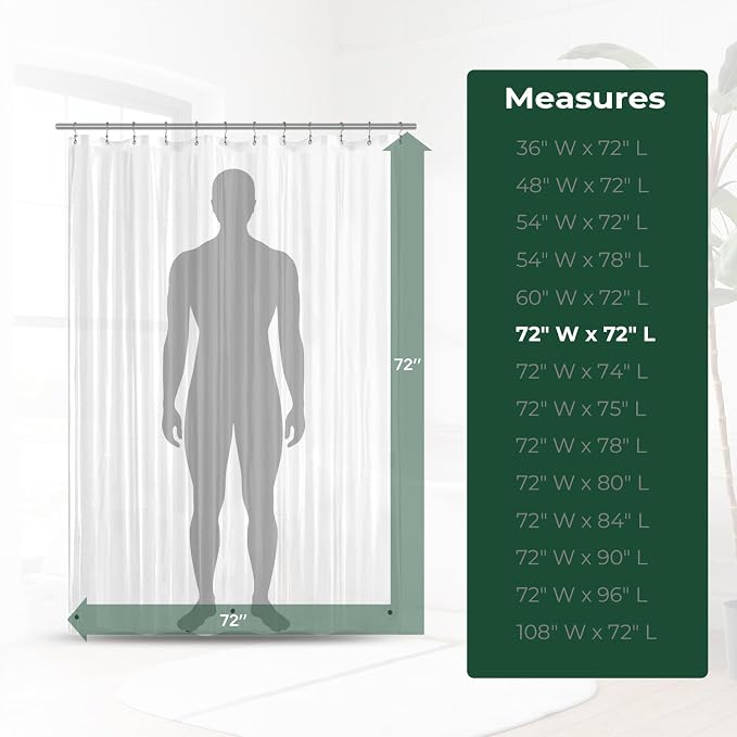 Clear Shower Curtain Liner with Side Suction Cups, Premium PEVA Plastic Shower Liner with 3 Magnets, Waterproof Bathroom Curtain, 72 x 72, Clear
