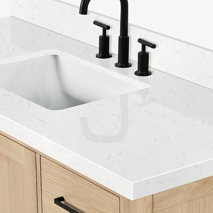 ARIEL 54 inch Bathroom Vanity top with Sink, 1.5 Inch Thick Miter Edge Carrara White Quartz top, Rectangle Single Porcelain Sink, Includes Backsplash