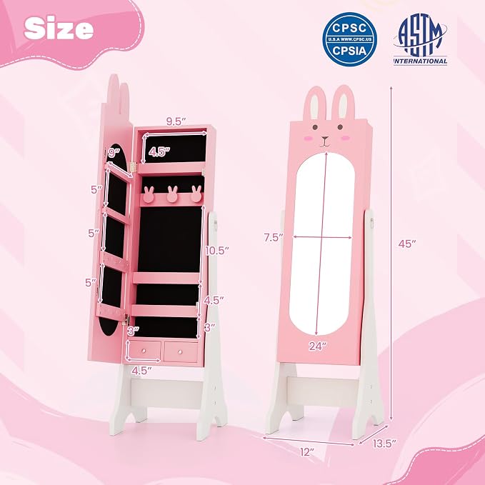HONEY JOY Kids Jewelry Armoire Cabinet, Rabbit Themed Wooden Standing Jewelry Organizer w/Full-length Mirror and Storage Drawers, Children Dress Up Jewelry Cabinet for Little Girls (Pink)