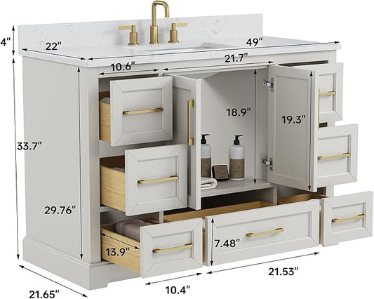 48" Bathroom Vanity with Sink,Undermount Ceramic Sink Vanity, Storage Cabinet with Sink,Drawers& No Installation Required, Small Wooden Bathroom Sink Cabinet, Greige White