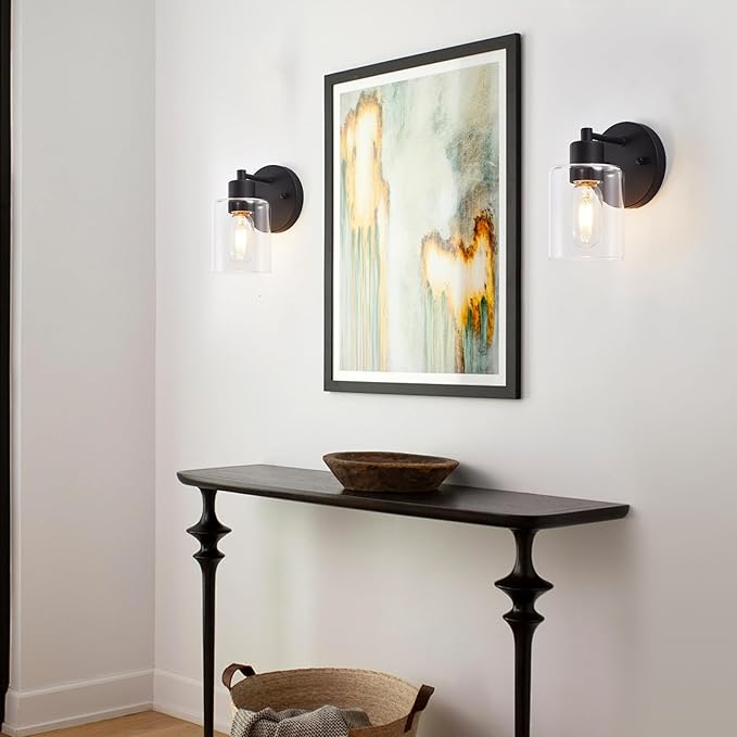 Wall Sconces for Bathroom, Modern Vanity Light Fixtures, Black Wall Mount Lighting Lanterns, Farmhouse Wall Lights with Clear Glass Shade for Bedroom Living Room Mirror Hallway Kitchen(2PACK)