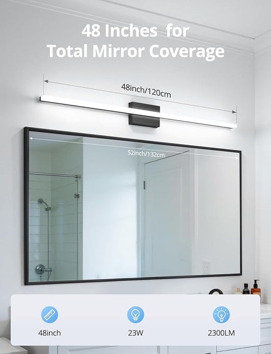 48Inch Bathroom Vanity Light Fixtures Extra Long Lighting Bar Above Mirror, Modern Black Bright 23W 2300LM Wider Coverage Slim Sleek IP44 Rustproof LED Bath Wall Sconce for Makeup Cool White