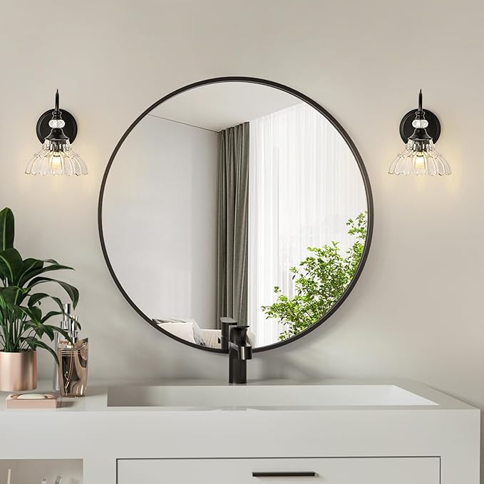 1 Piece Black Wall Sconce, 1-Light Black Farmhouse Wall Sconce with Hanging Crystal Accents and Flower-Shaped Clear Shades for Bathroom Bedroom Living Room,Vintage Vanity Light