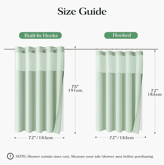 Mint Green Hook Free Waffle Shower Curtain & Snap-in Liner,72x75 | Less Time to install, 3 in 1 Fabric Shower Curtain and Liner Set with Magnets, Mesh Top Window, Shower Curtains for Bathroom