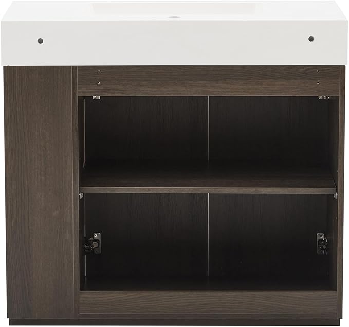 36" Bathroom Vanity with Sink, Freestanding Single Sink Bathroom Vanity with White Engineered Stone Top & Open Side Storage, Soft-Closing Doors with Adjustable Shelf, Smoked Oak Brown