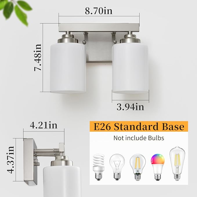 Bathroom Light Fixtures, Vanity Light Over Mirror Nickel 2-Light Fixture | Modern bathroom vanity light fixture with metal frame, ideal for mirrors, bedrooms and hallways. Fits E26 bulbs.