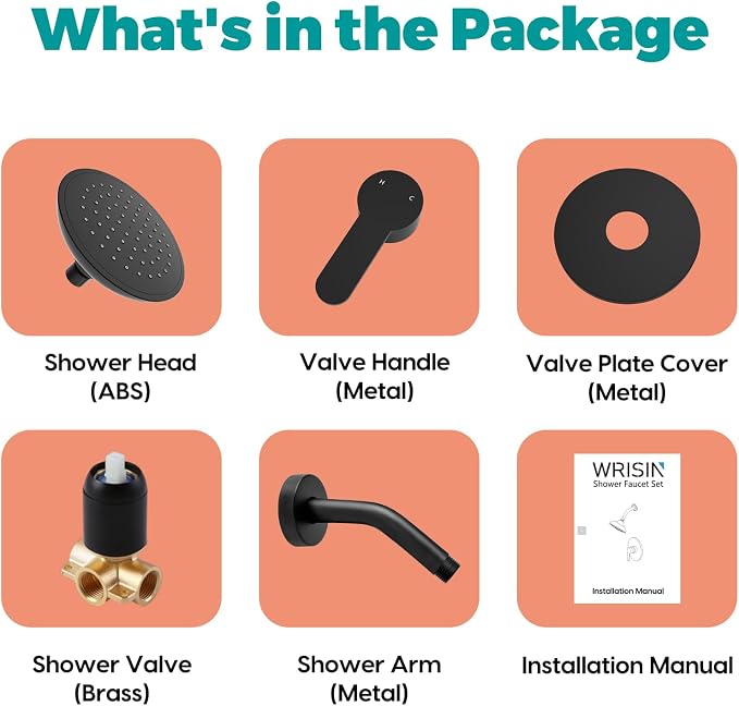 Black Shower Faucet Set with Valve, Black Shower Head and Handle Set 6 Inch Showerhead