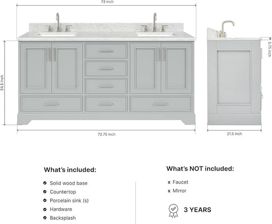 ARIEL Stafford 72-inch Bathroom Vanity with Sink,Solid Wood, 0.75-inch Italian Carrara Marble Countertop, Double Rectangular Porcelain Sink, 4 Soft Closing Doors, 6 Dovetail Drawers, Grey