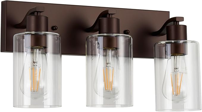 3 Lights Bathroom Light Fixtures Oil Rubbed Bronze Vanity Light with Clear Glass Shade 18in Modern Bathroom Lighting Fixtures Over Mirror for Bedroom/Living Room