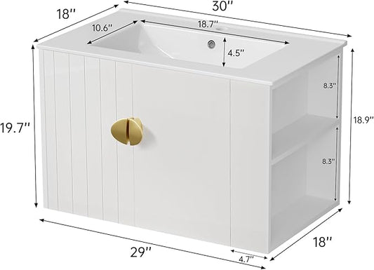 30 Inch Floating Vanity Bathroom with Sink, White Painted Bathroom Vanity Cabinet Combo with Ceramics Sink Top, Soft Close Cabinet Door & Open Storage Right Shelf, Modern Wall Mounted Vanity