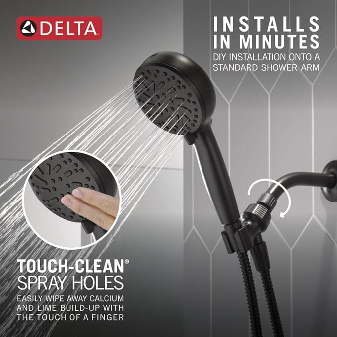 Delta Faucet ProClean Matte Black Shower Head with Handheld, Showerhead with High Pressure Spray, Handheld Shower Head, 6 Spray Settings, Matte Black 75740BL