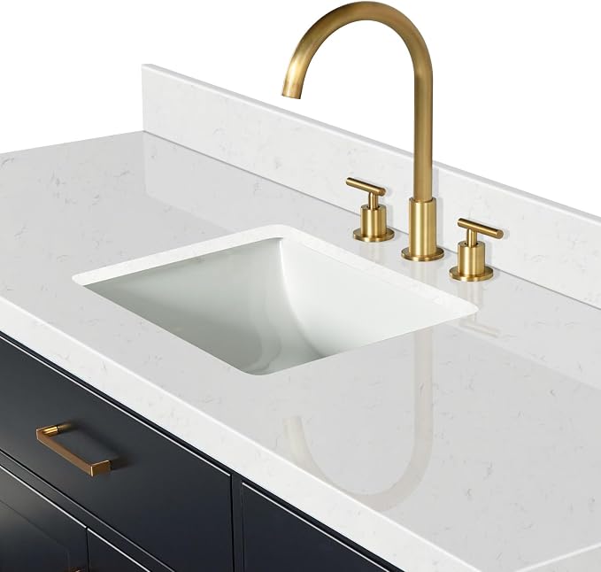 ARIEL Hepburn 60-inch Bathroom Vanity with Sink,Solid Wood, 1.5-inch Carrara White Quartz Countertop & Backsplash, Single Rectangular Porcelain Sink, 2 Soft Closing Doors, 9 Dovetail Drawers, Black