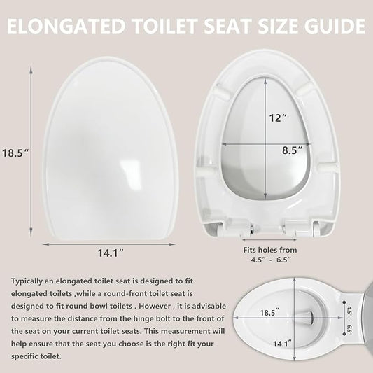 Premium Heavy-Duty Elongated (Oval) Toilet Seat (Oblong 18.5″), Soft Close & Silent, Metal Hinges, Quick-Attach Installation, Durable, Easy-Clean, White