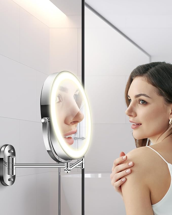 20X 9" Wall Mounted Magnifying Makeup Mirror with Light Height Adjustable | 5000mAh Double Sided Rechargeable LED Lighted Vanity Mirror with Magnification 3 Color Light up Extended Arm 360 Rotation