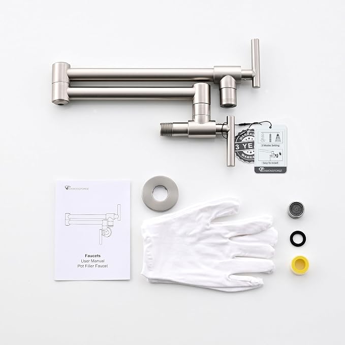 Pot Filler Faucets - for Kitchen, Sink, Stove and Bar with Brass Wall Mount Double Joint Swing Arms - Leak Free Designs with High-Flow Aerators - Retractable and Folding Save Space - Brushed Nickel