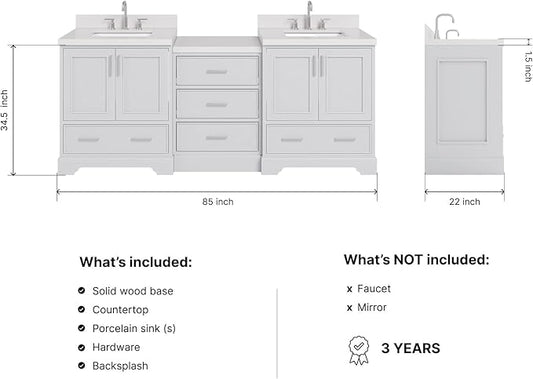 ARIEL Stafford 84-inch Bathroom Vanity with Sink,Solid Wood, 1.5in Pure White Quartz Countertop & Backsplash, Double Rectangular Porcelain Sink, 4 Soft Closing Doors, 5 Dovetail Drawers, Grey