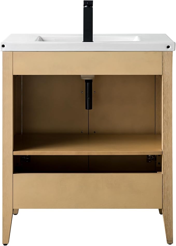 HomeBeyond 30 Inch Bathroom Vanity with Sink & Ceramic Top, Single Vanity Cabinet with Basin, Soft-Closing Doors & Matte Black Hardware, Natural Oak