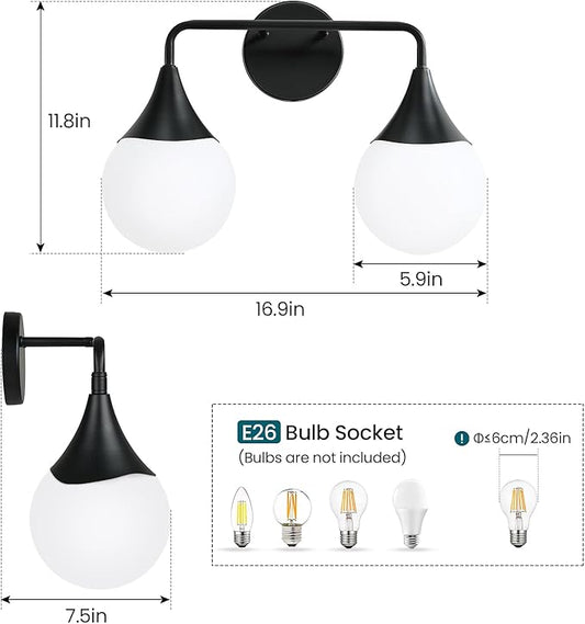 Bathroom Vanity Light Fixtures: 2 Lights Mid Century Farmhouse Bathroom Lighting Fixtures Over Mirror - Matte Black Wall Sconces with Frosted Globe Glass for Hallway Restroom