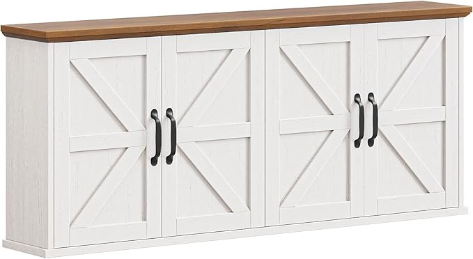 47" Laundry Room Cabinets and Storage with 4 Doors and Utility Adjustable Shelf, Large Wall Mounted Storage Cabinet, Upper Kitchen Cabinet for Laundry, Bathroom, and Kitchen, White and Brown