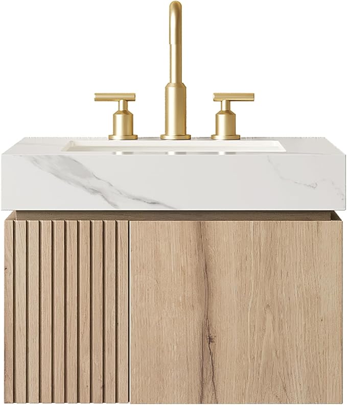 KEIKI 24 Inch Floating Bathroom Vanity with Sink, White Oak & White | Modern Wall Mounted Storage Cabinet with 2 Doors, Pre-assembled Wood Panels, Sintered Stone Top & Ceramic Basin Combo Set