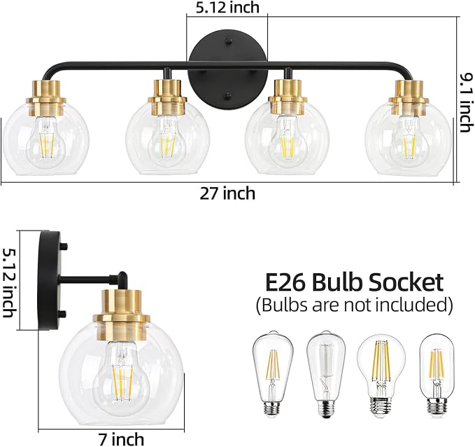 4 Light Bathroom Vanity Light, Black and Gold Bathroom Light Fixtures | with Clear Glass Shade Modern Wall Sconces Lighting Bath Wall Lights Lamp for Mirror Kitchen Living Room Bedroom Hallway