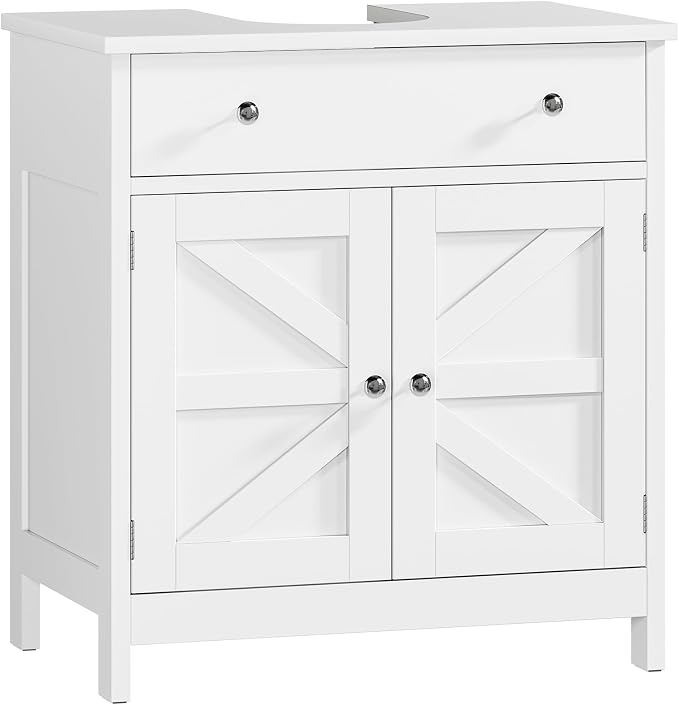 TEENFON Pedestal Sink Storage Cabinet with 2 Barn Doors and Drawer, Bathroom Sink Cabinet with U-Shape Cut-Out, Pedestal Sink Cabinet, White