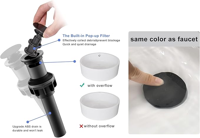 Waterfall Bathroom Faucet Black - Single Handle Bathroom Sink Faucets 1 or 3 Hole for 4IN Modern Solid Vanity Faucet with Deck Plate & Overflow Pop Up Drain Matte Black