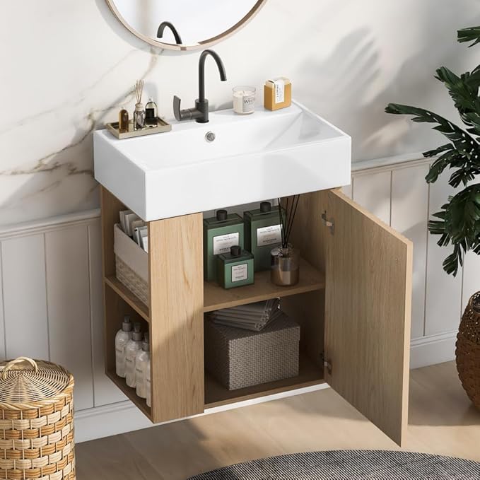 22" Small Bathroom Vanity with Sink, Floating Vanity for Bathrooms with Soft-Close Door and Open Shelf, Wall Mounted Narrow Bathroom Vanities for Compact Bathrooms (Wood,22" Floating Left Shelf)
