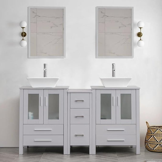 UEV 60" Modern Bathroom Vanity Set in Grey, Double Bathroom Vanities with Sink Combos and Removable Side Cabinet, Bathroom Vanity Set for Bathroom & Toilet,Mirror Not Included (A07)
