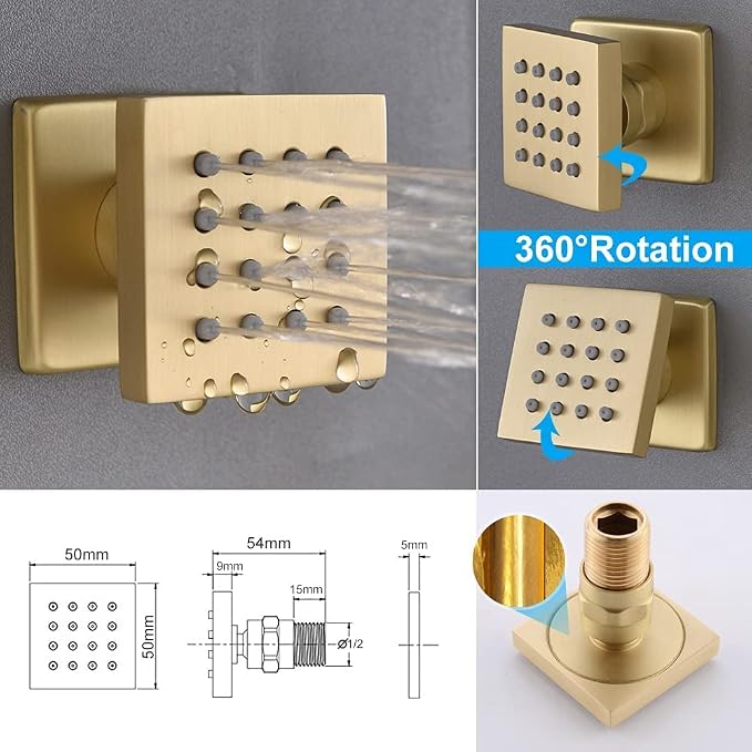 Brushed Gold Shower System AYIVG Temperature Display Thermostatic Shower System Ceiling Mount 12 Inch LED Rain Shower Head System with 6 Body Jets and Handheld Bathroom Shower Faucet Set