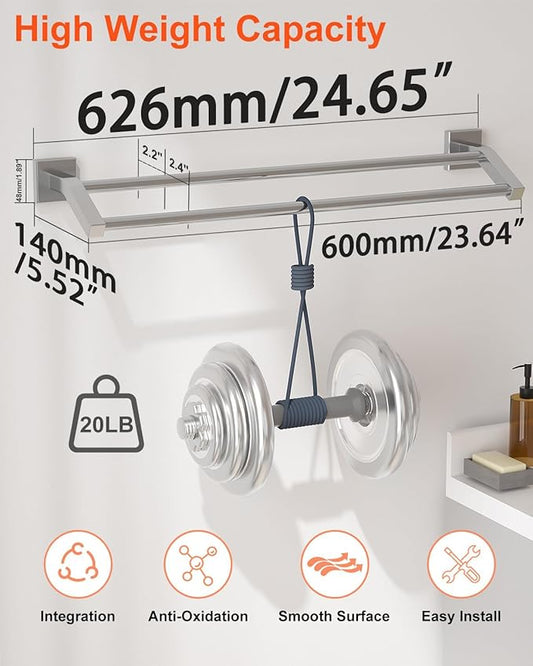 Alise Double Bath Towel Bar, 24" Towel Racks for Bathroom, Brushed Nickel | SUS304 Stainless Steel Bathroom Towel Holder, Quick Drying Towel Hanger Towel Rod Wall Mounted, Useable Length 22.7"