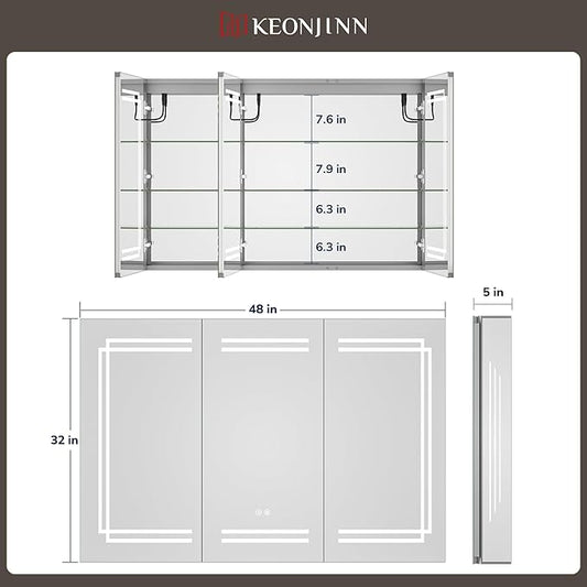 Keonjinn 48 x 32 Inch Large Medicine Cabinet with Lights, LED Medicine Cabinet Mirror for Bathroom, Adjustable Shelves, Tempered Glass, No Outlets, Dimmable, 3 Color Lights, Anti-Fog, Wall Mount Only