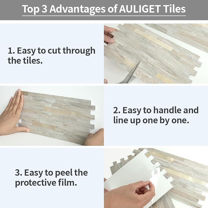 AULIGET 2 Sheets Faux Stone Peel and Stick Backsplash, Beige Marble Look PVC Wall Tile Stick on Backsplash for Kitchen and Bathroom
