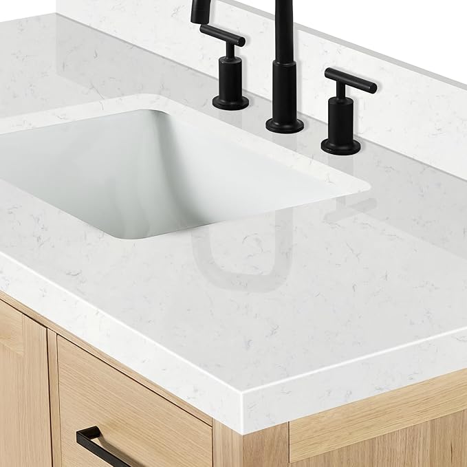 ARIEL 48 inch Bathroom Vanity top with Sink, 1.5 Inch Thick Miter Edge Carrara White Quartz top, Rectangle Single Porcelain Sink, Includes Backsplash