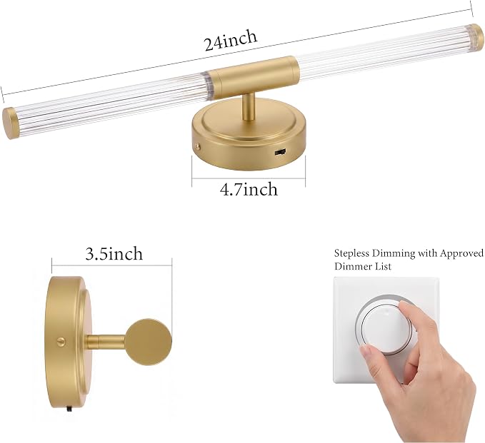 URSOLA 24" Modern LED Bathroom Light Fixtures, Satin Brass 3CCT Dimmable Bathroom Vanity Light Over Mirror, Bathroom Vanity Bath Bar Lights with 360° Removable Acrylic Light Tube