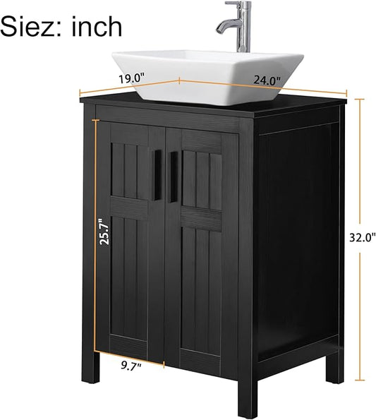 UEV Black 24" Bathroom Vanity with Sink Combo,Modern Vanity with Vessel Sink,Stylish Bathroom Vanity Cabinet,Grooved Doors & Metal Handles,Modern White Square Bowl Ceramic Vessel Sink(A07)