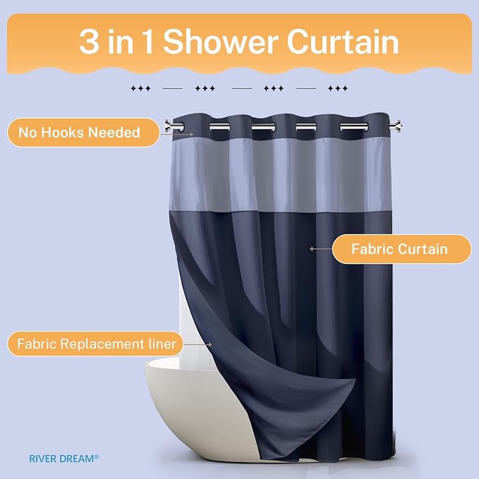 River Dream Heavyweight Waffle No Hook Shower Curtain with Liner,Navy,71x86 | Dotted Waffle,Snap-in Liner,Heavy Duty,Quick Dry,Mesh Top Window,With Bottom Magnets,Hotel-Grade,Washable,Extra Long Size
