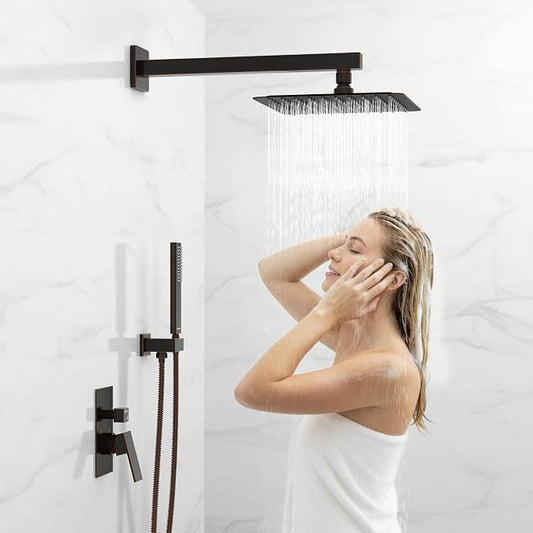 EMBATHER Oil Rubbed Bronze Shower System -10 Inches Shower Faucet Set with Square Rain Shower Head and Handheld High Pressure Shower Combo Set for Bathroom Wall Mounted (Contain Rough-in Valve & Trim)